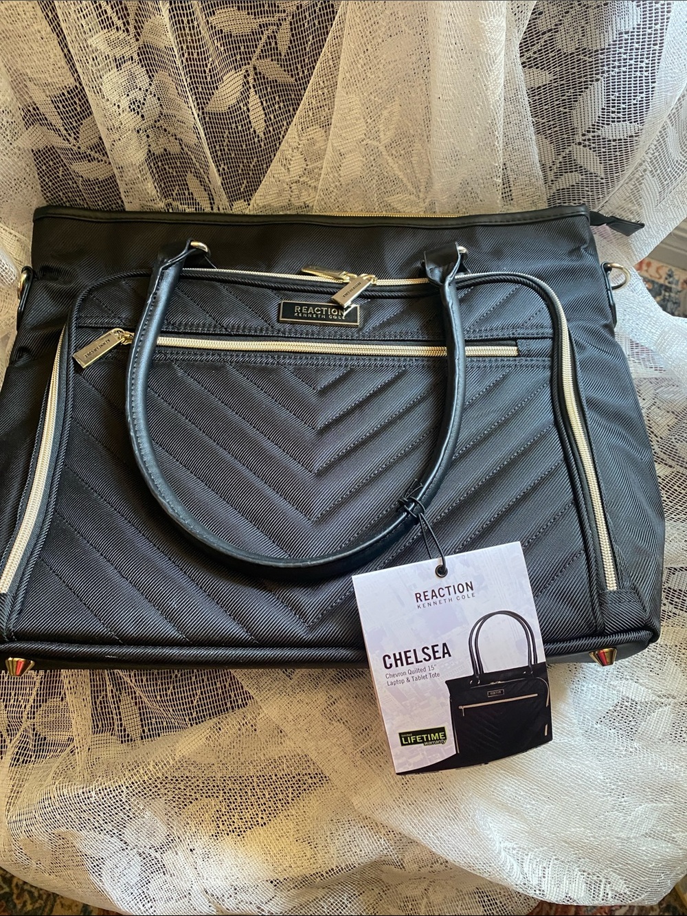Kenneth Cole Reaction Chelsea Quilted Black Tote with Gold Accents NWT
